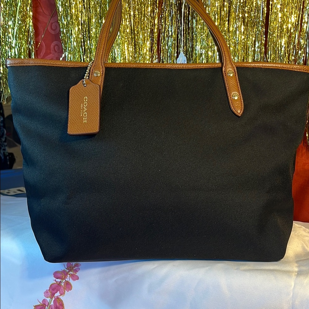 EUC- Coach Black and Tan Nylon Tote with Leather Accents - Picture 2 of 10